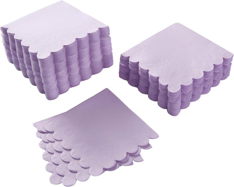 BEFORYOU 200 Pack Cocktail Napkin 2-Ply Scalloped Edged Dessert Napkins Folded 5 x 5 Inches Disposable Napkins for Dinner Wedding Birthday Party Bridal Anniversary Reception Event (Purple) - Image 1